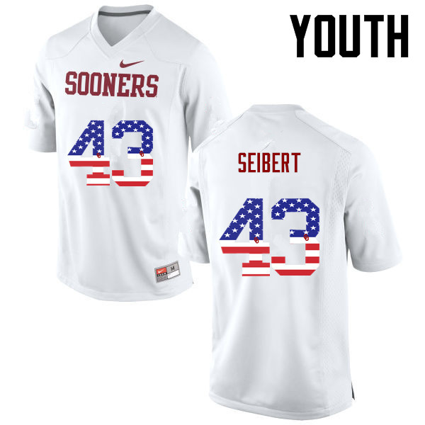 Youth Oklahoma Sooners #43 Austin Seibert College Football USA Flag Fashion Jerseys-White - Click Image to Close